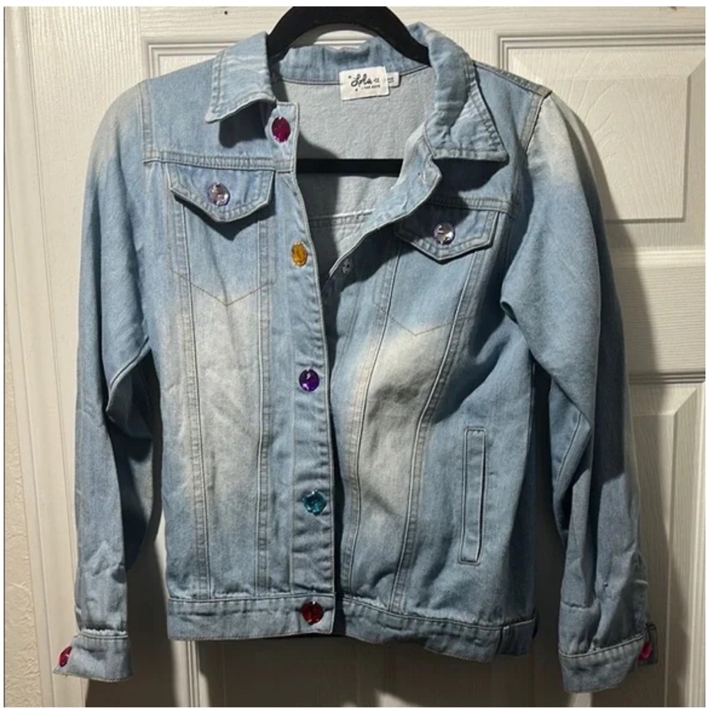 Lola + the boys Light Blue Denim Jacket with Multicolor Buttons